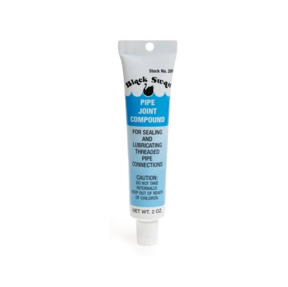 The BLACK SWAN 02000 Pipe Joint Compound, 2 oz. hang tube, is a trusted thread sealant for lubricating and sealing pipe connections. It features a white cap, cautionary text, and reliable performance from BLACK SWAN.